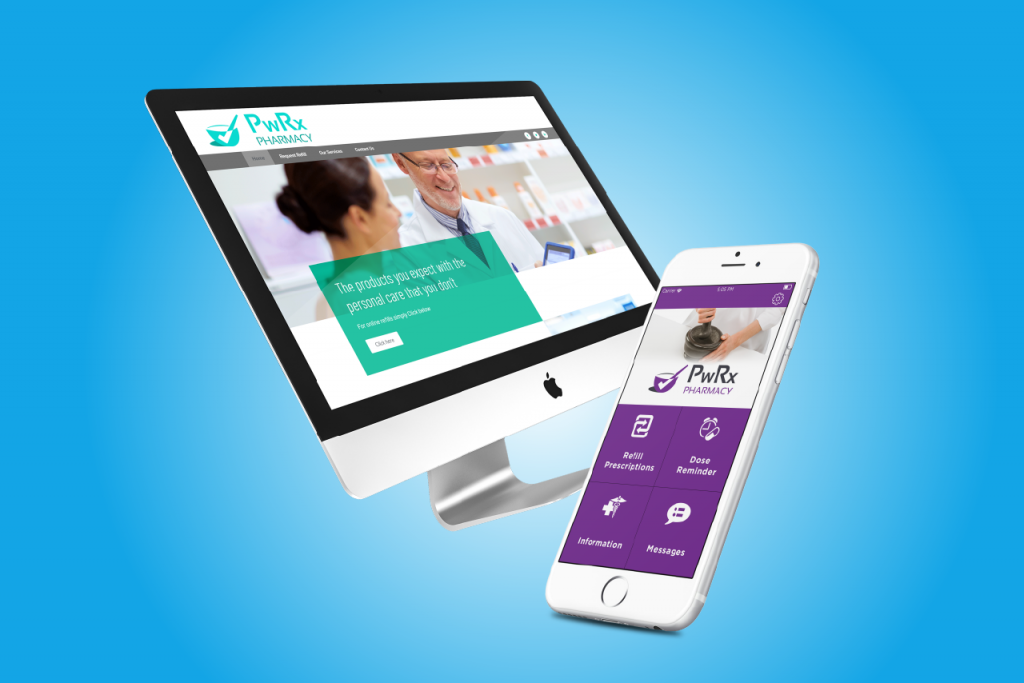 Price Plan Tier Two. With branded mobile app on phone and computer screen showing pharmacy website.