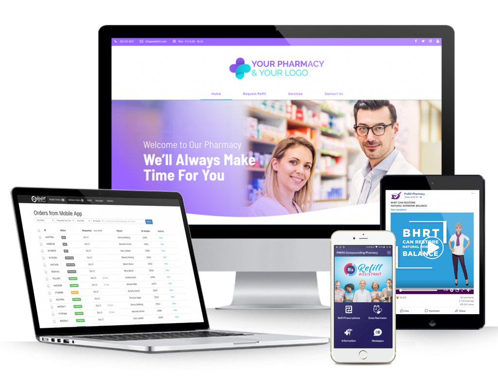 refill assistant Branded mobile app, Laptop displaying Refill Assistant portal, Pharmacy Website template on computer screen and Social adds tab.
