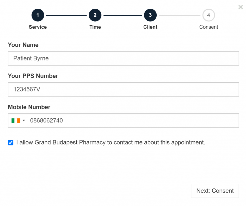 Flu appointment personal details