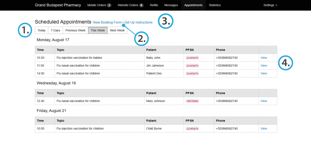 Pharmacy services appointment dashboard